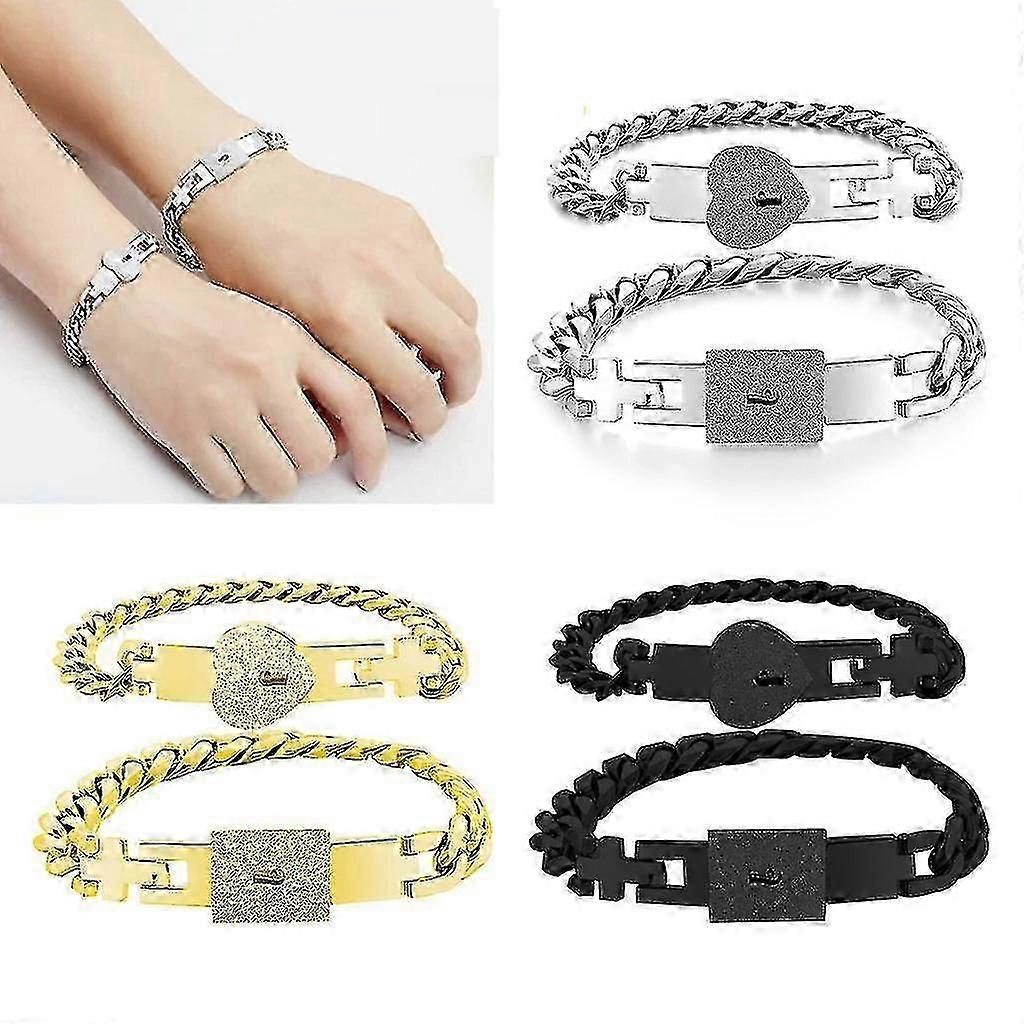 シルバートーンステンレススチール製恋人ハートラブロックブレスレット ロックキーバングルキット付き カップルジュエリーセット ギフト 2個