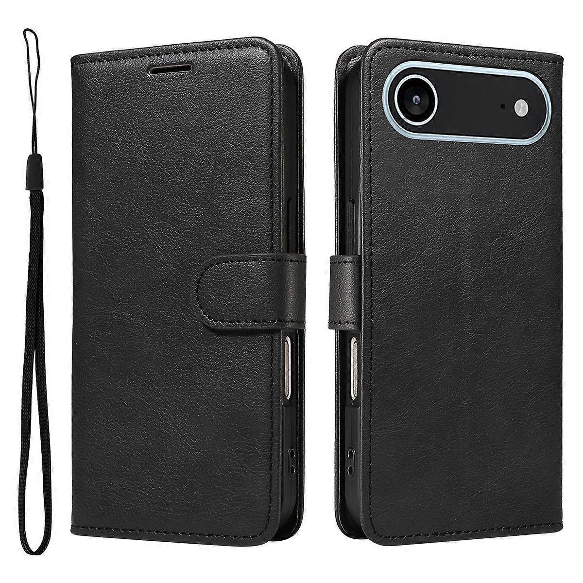 Compatible For iPhone 17 Air Leather Wallet Case with Strap Solid Color Phone Stand Cover