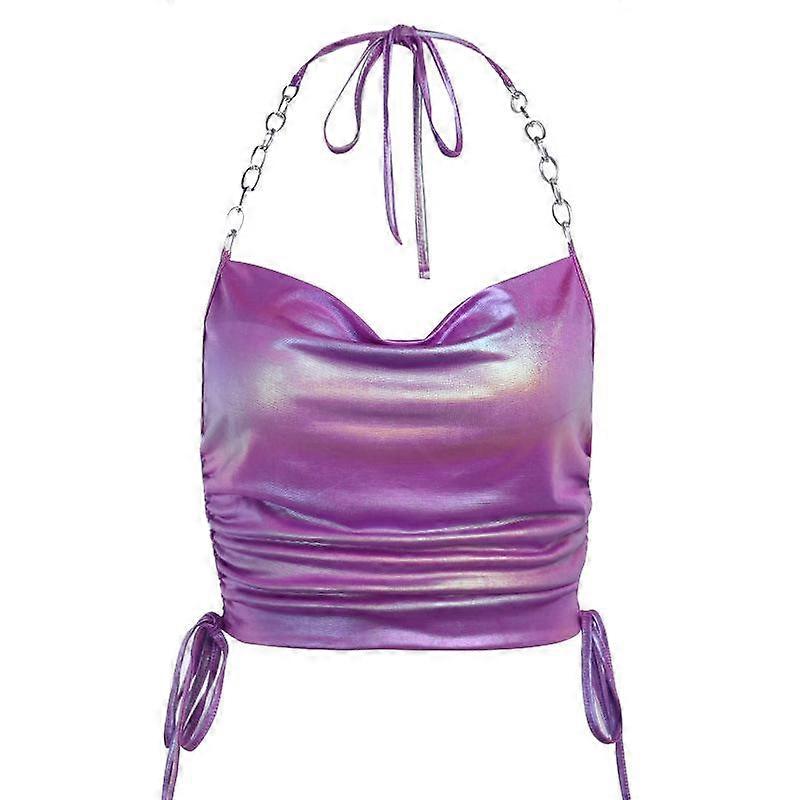 Colorful Laser Reflective Tank Top With Chain Sexy Halter Vest Summer Sleeveless Tanks Draped Slim Fitted Gothic Tops