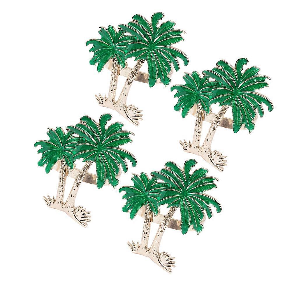 4pcs Hawaii Style Napkin Rings, Rose Gold & Green Coconut Tree Design, Iron Table Napkin Buckles for Party, Wedding, Restaurant & Home Decor