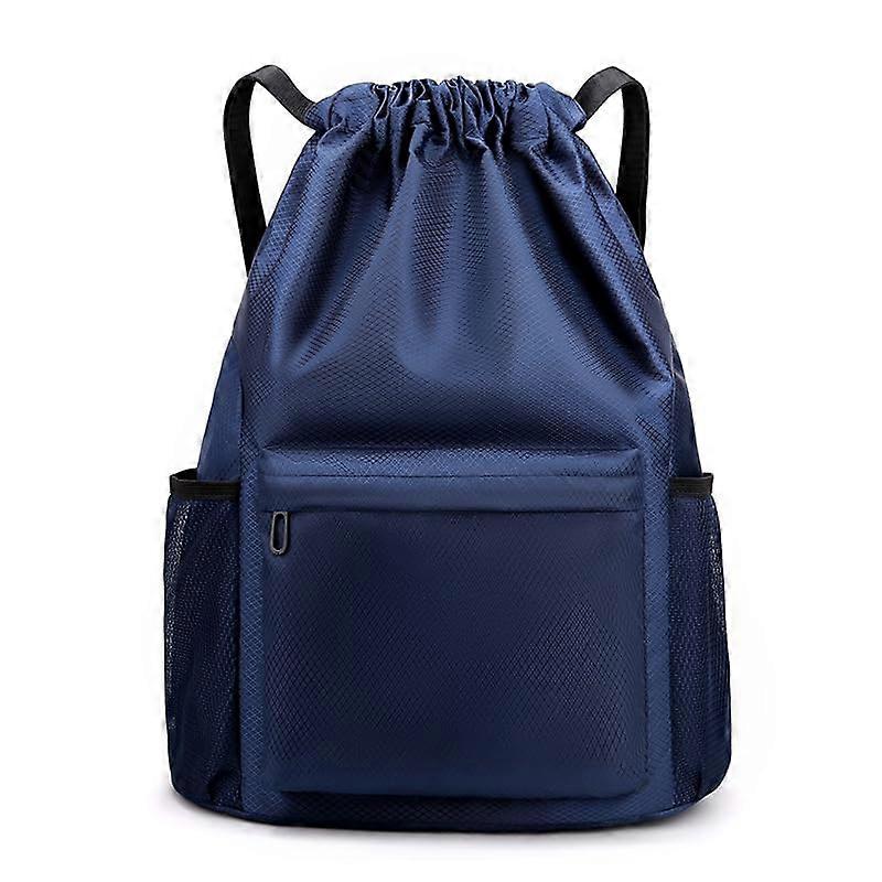 Water Resistant Drawstring Backpack 2 Pack with Zip Side Pocket for Casual Use in Navy Color