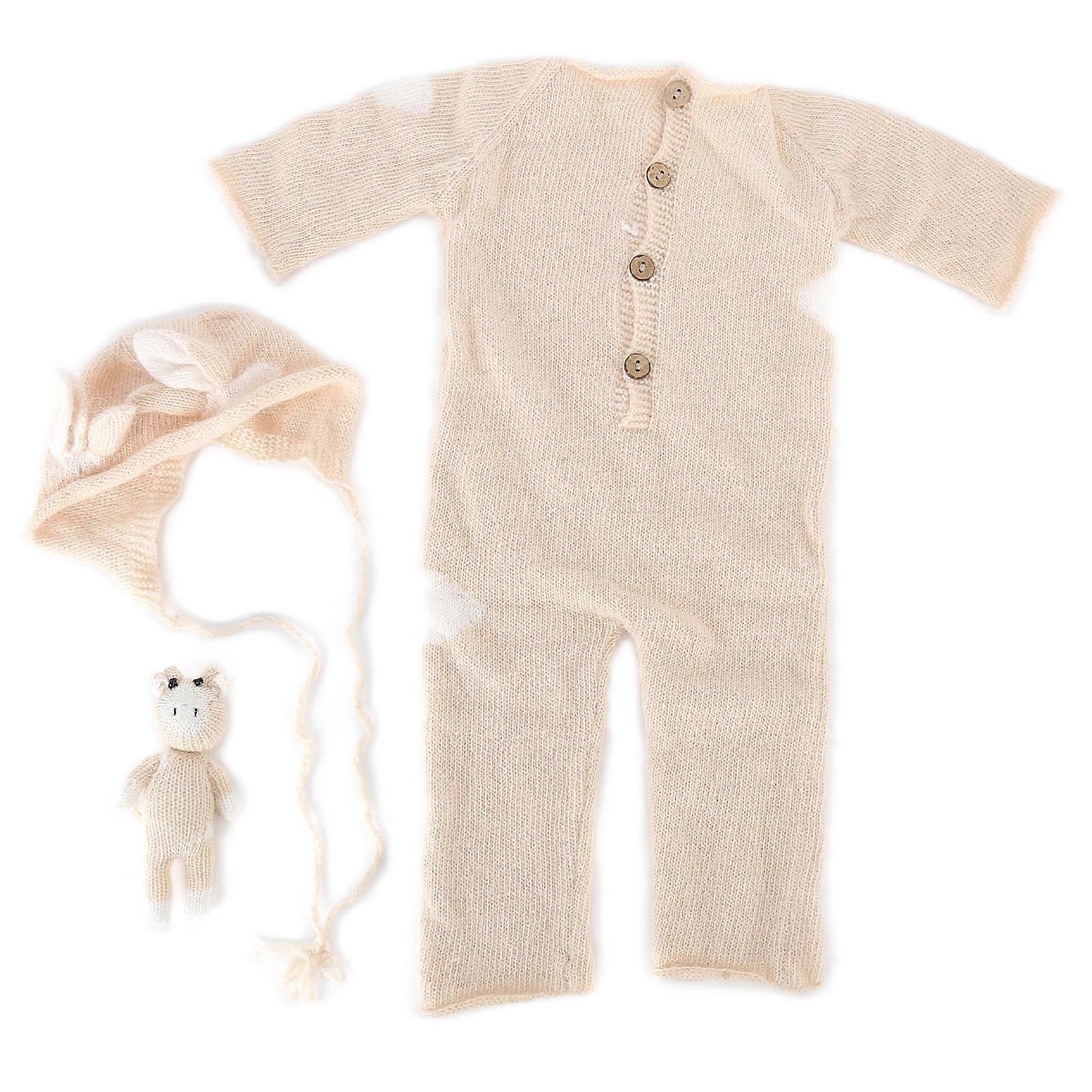 Newborn Photography Suit Soft Knitted Jumpsuit Hat Toy Photo Shoot Props Set for BabyBeige