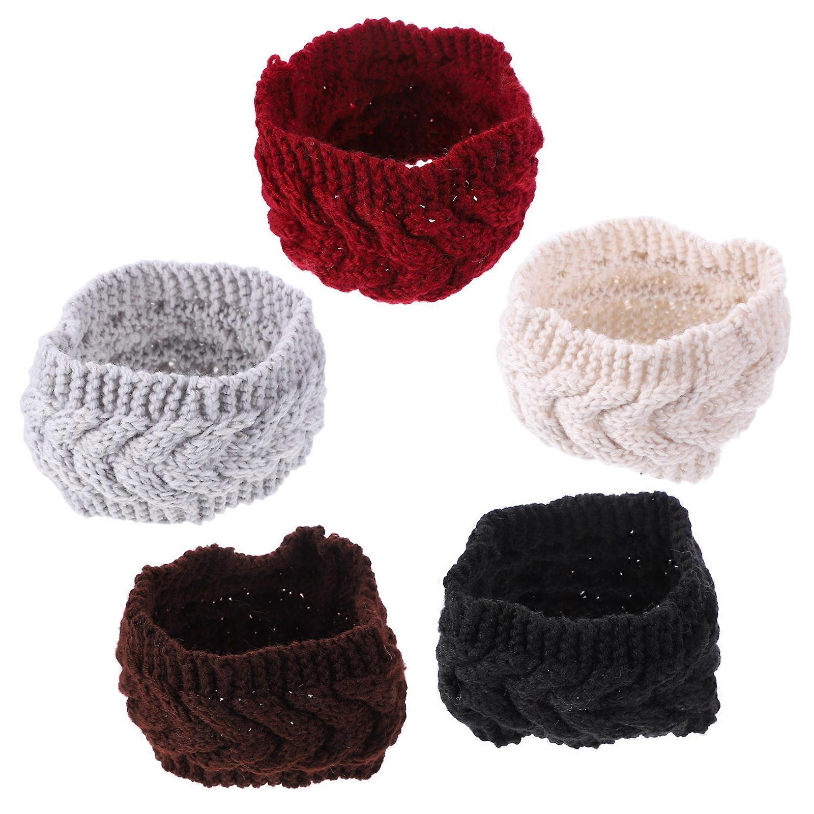 5 Pack Soft Knitted Winter Headbands for Outdoor Activities – Elastic Ear Warmers in Purple, Black, Coffee, Beige, Grey