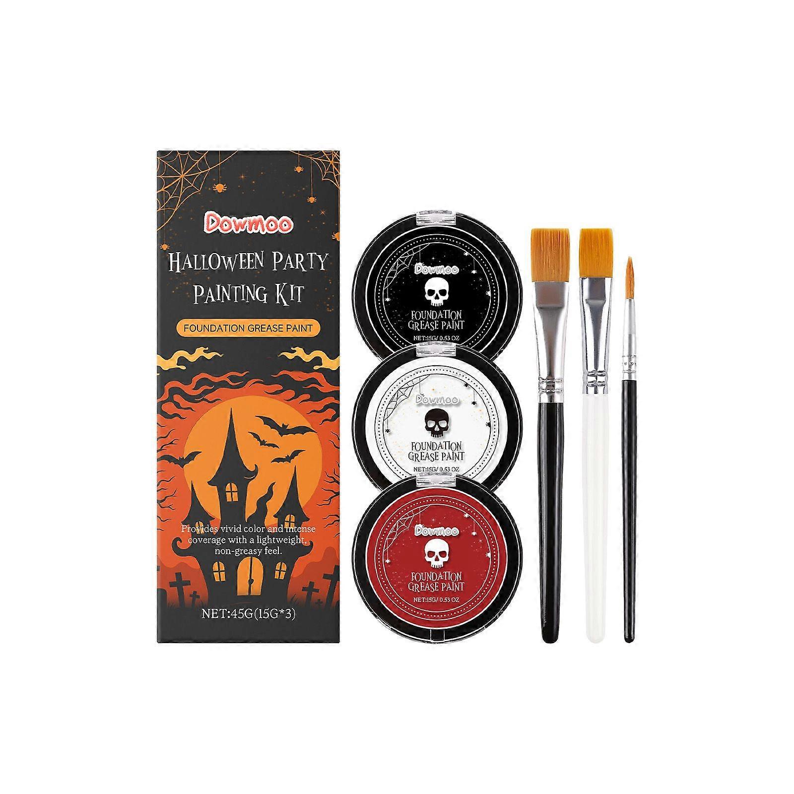 Halloween Party Painting Kit, 3 Colors Foundation Grease Paint with 3 Brushes, Vibrant High Coverage, Lightweight Non-Greasy for Face Body Makeup, Cos