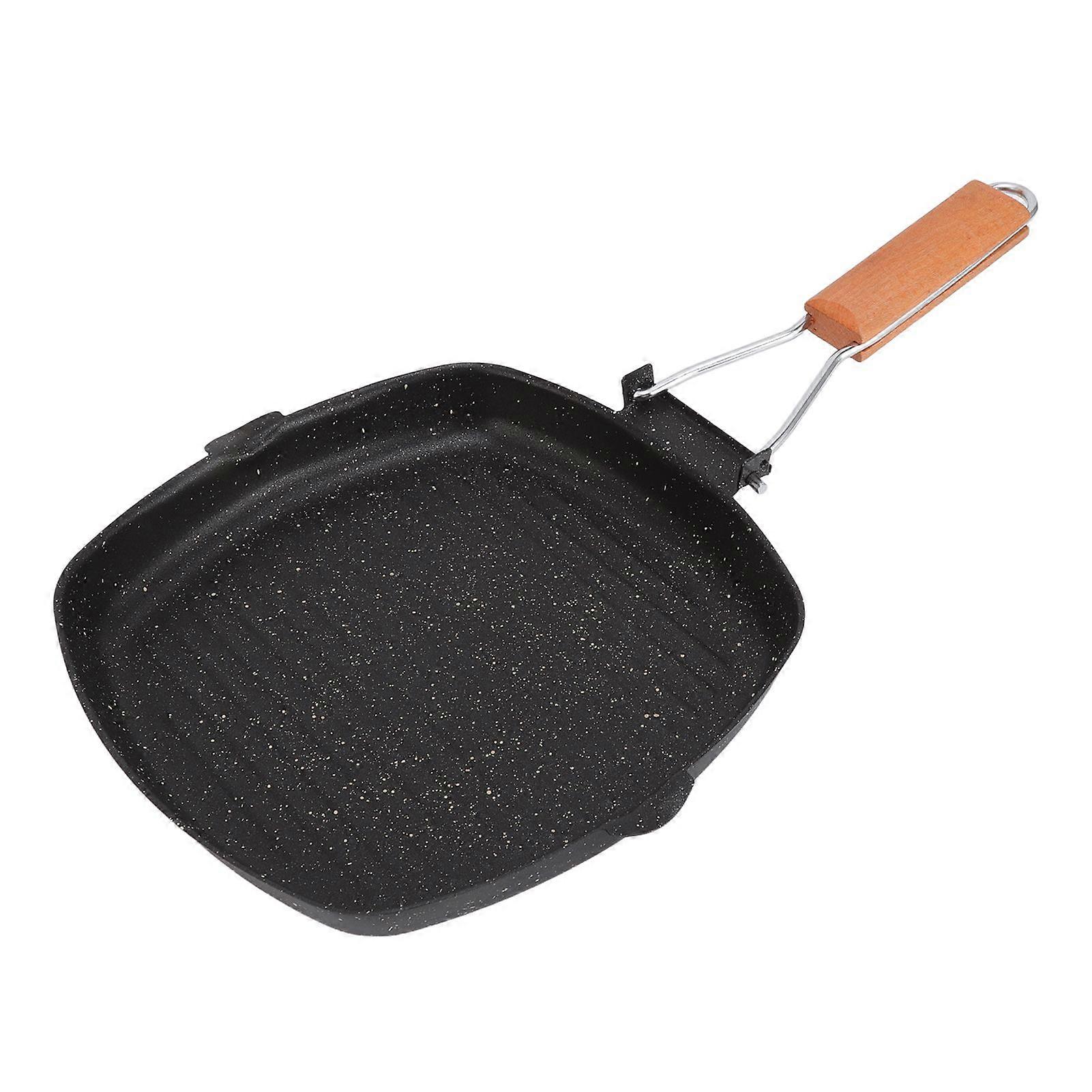 Foldable outdoor frying pan with beech handle, non-stick, striped, special for meat, for grilling, 24 x 24 cm