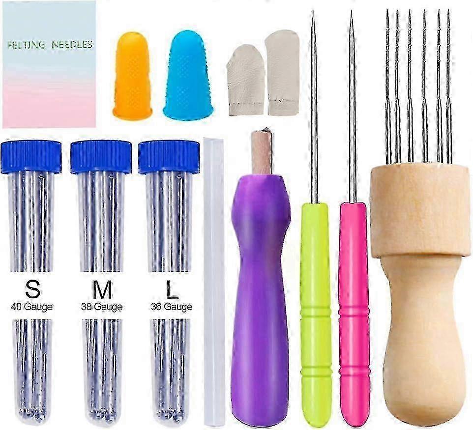 Felt Needle Kit for Beginners, 3 Sizes of Wool Felt Needles with Needle Felt Supplies, Wooden Handle, Awl, Finger Cot, Manual, Wool Felt DIY Need