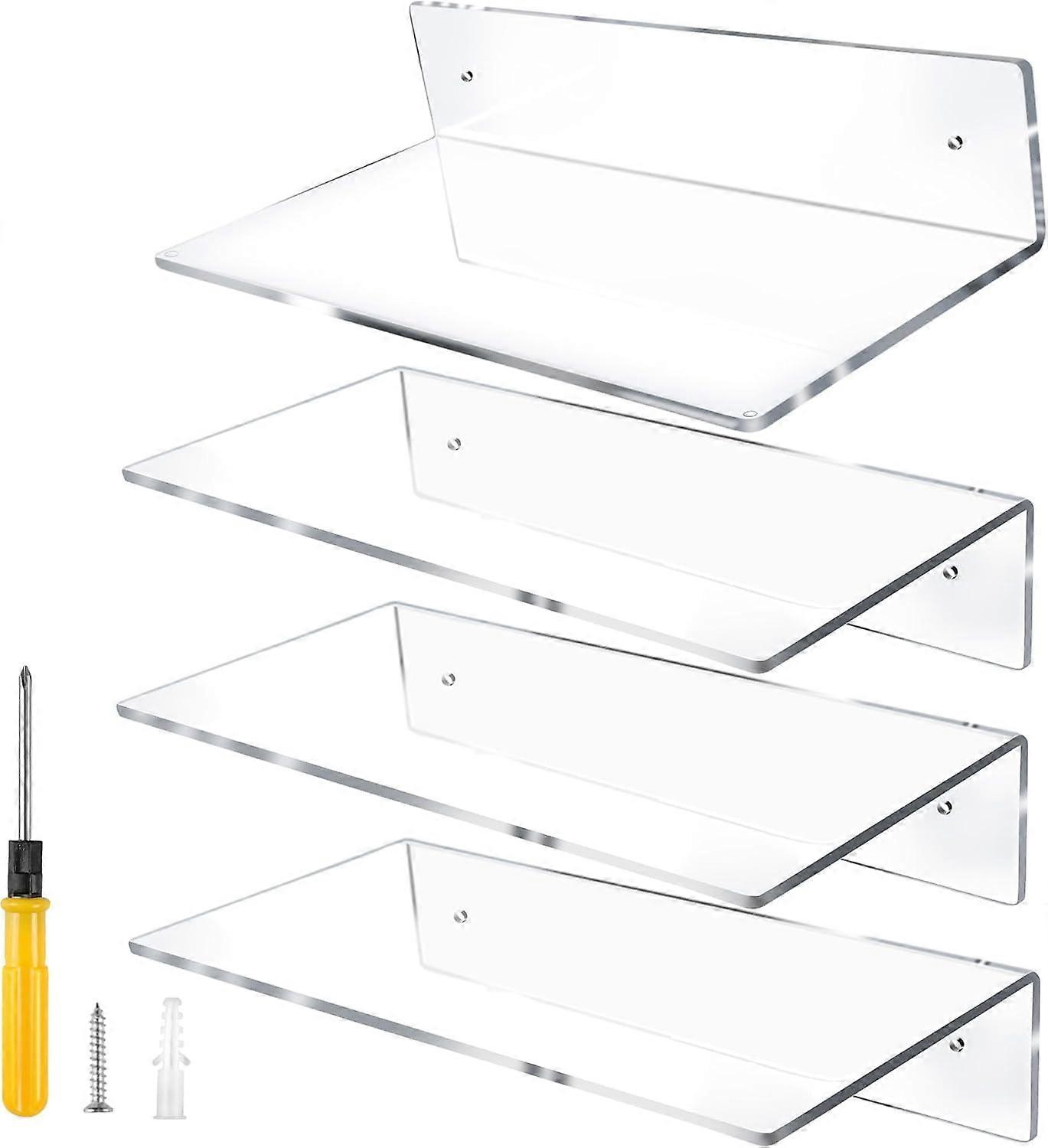 12" L-Shaped Acrylic Floating Shelf, Clear Wall Mounted, 5mm Thick, Invisible Storage for Makeup, Photos, Books, Records, 4 Pack