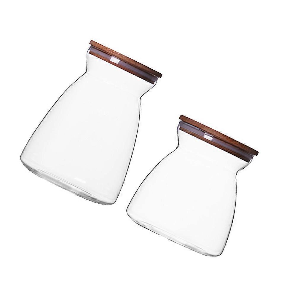 Clear Jar With Lid Round Shape Bamboo Material Moisture Protection Coffee Bean 1100ml 2Set