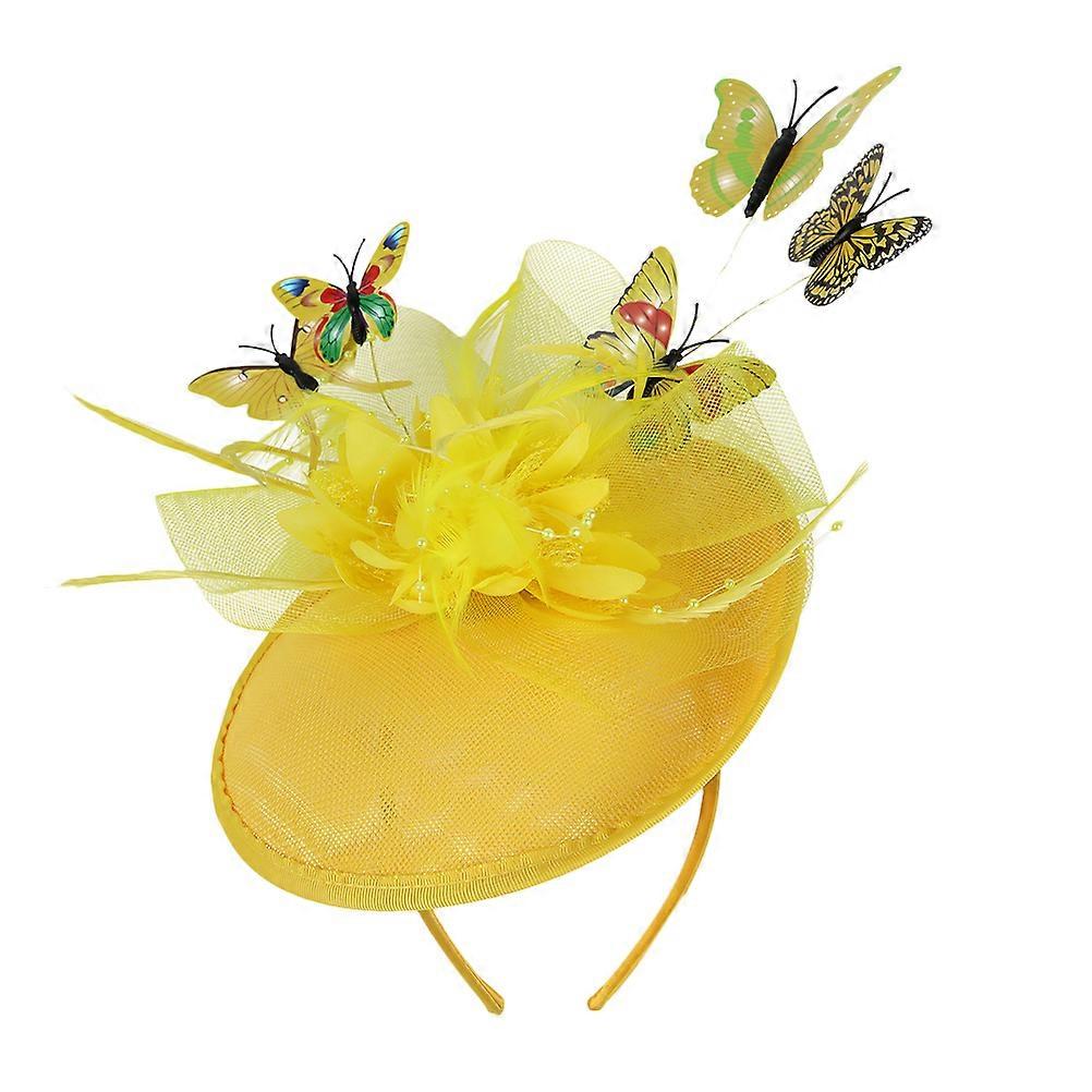 Butterflies Fascinator Hat for Women Yellow 2Pcs Bridal Tea Party Accessory
