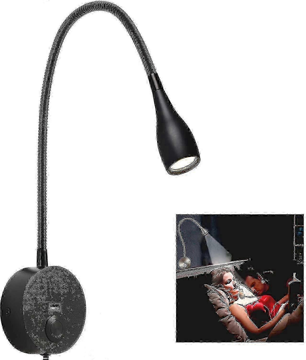 Optimierte dimmbare LED-Leselampe am Bett mit Wandhalterung, USB-Ladegerät - mattschwarzes Design