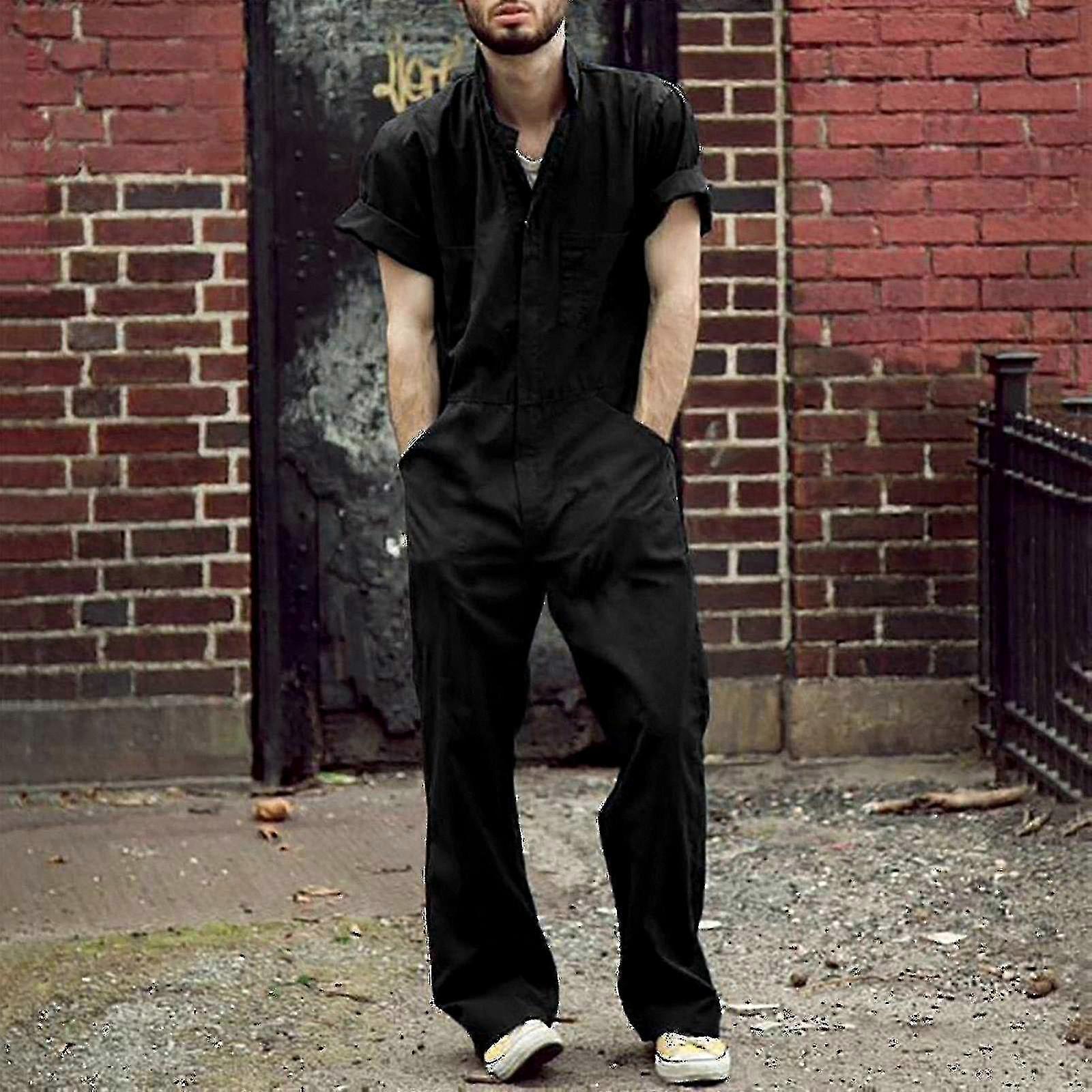 Men's Solid Color Zipper Front Overalls with Lapel Jumpsuit