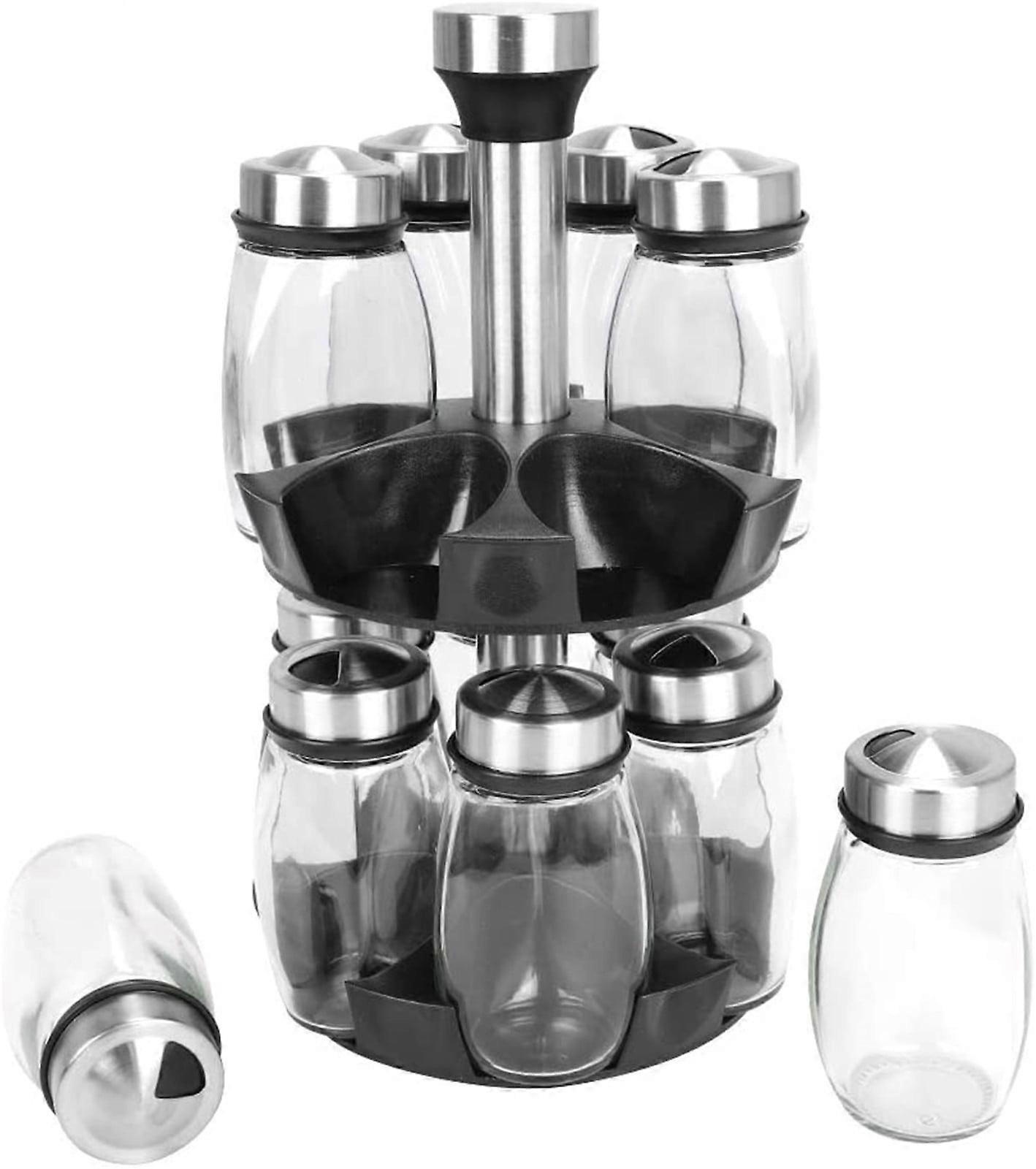 Dusknt 12-Jar Glass Spinning Spice Organizer, Storage Container & Seasoning Bottles Revolving Rack for Kitchen – 1 Set
