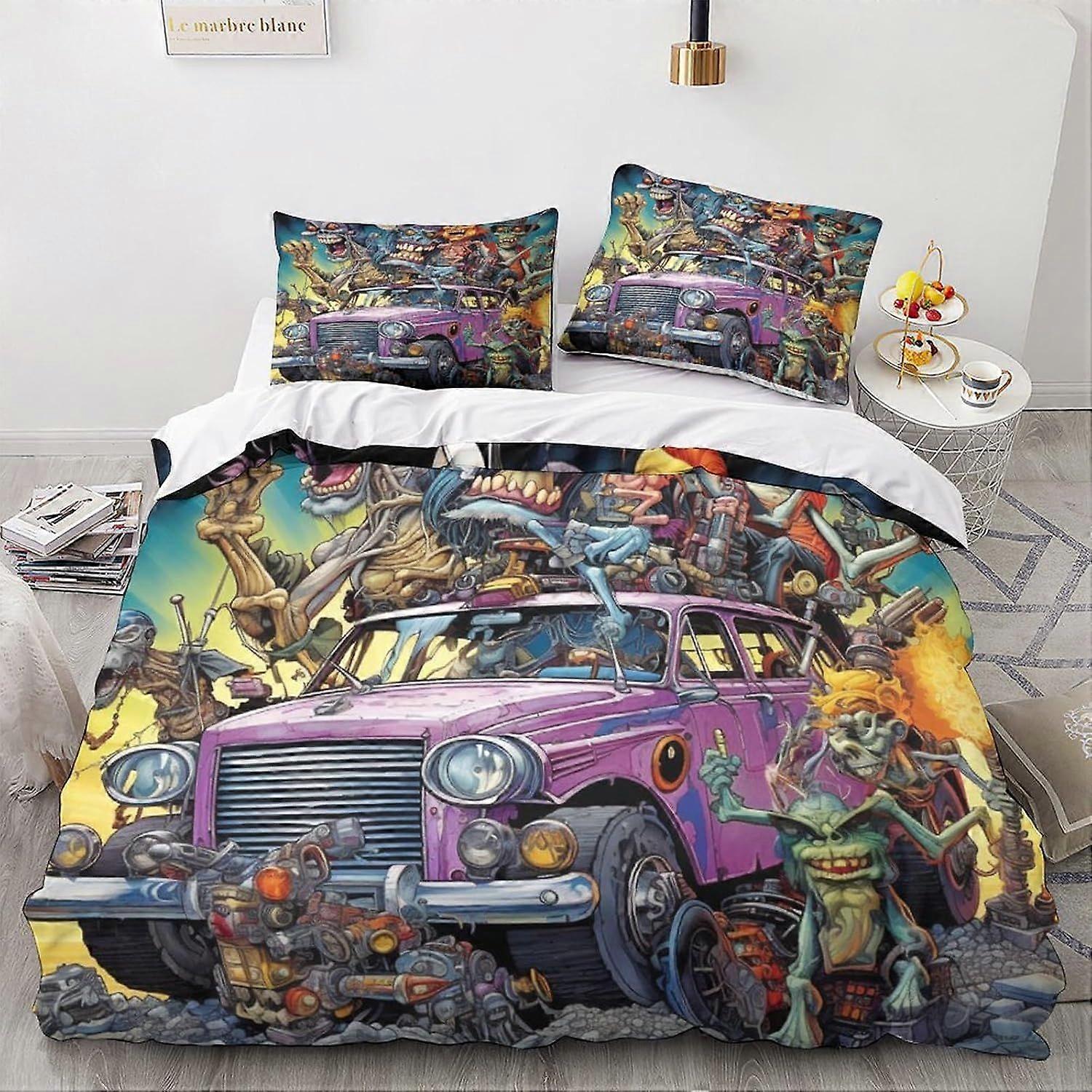 مجموعة غطاء لحاف LikeEj Monsters مجموعة مفروشات مطبوعة كرتونية غطاء لحاف سيارة عتيقة مع وسادة غطاء لحاف من الألياف الدقيقة بسحاب 3 قطع مزدوجة