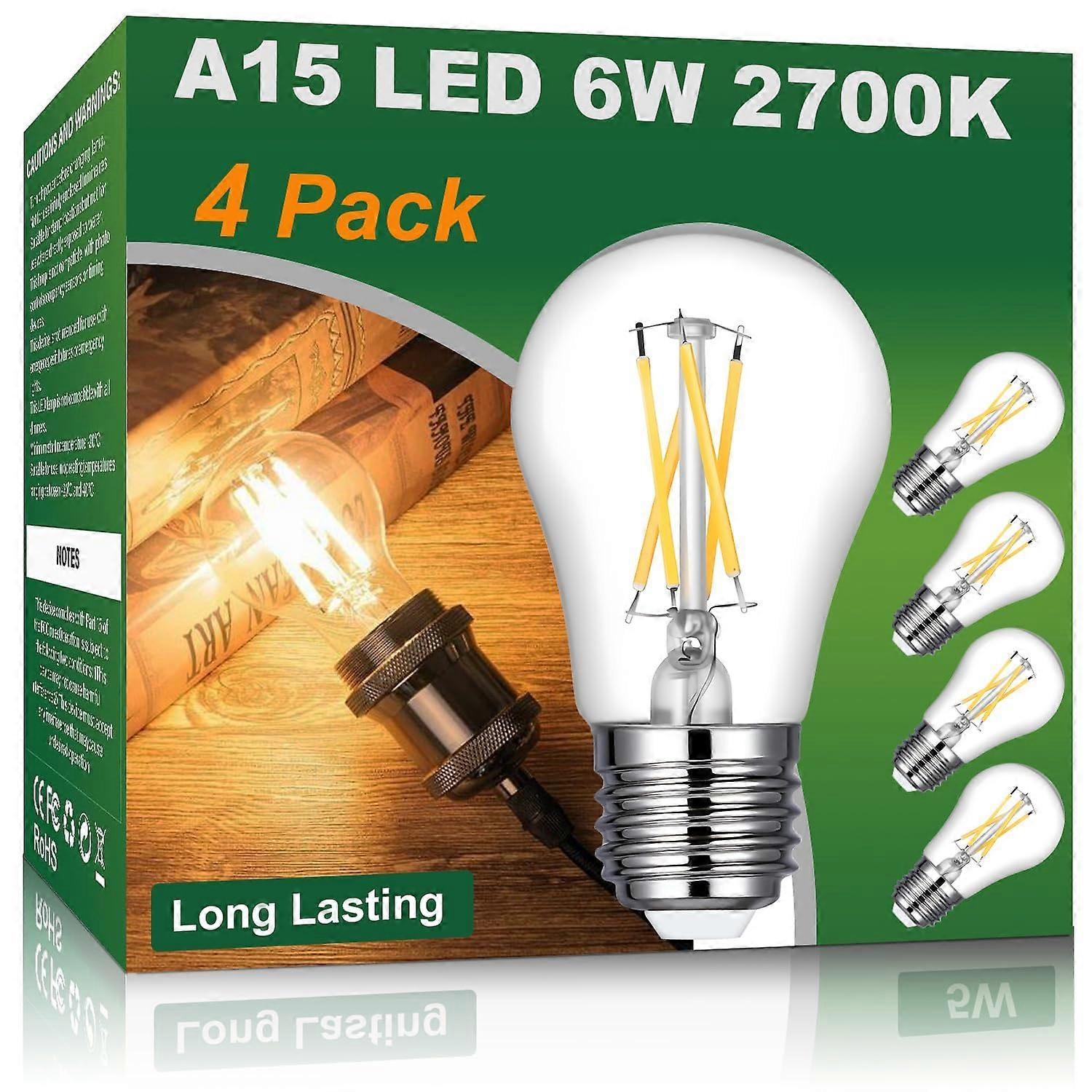 A15 Dimmable LED Light Bulb 60W Equivalent, 2700K Warm White E26 Edison, 4 Pack for Ceiling Fan