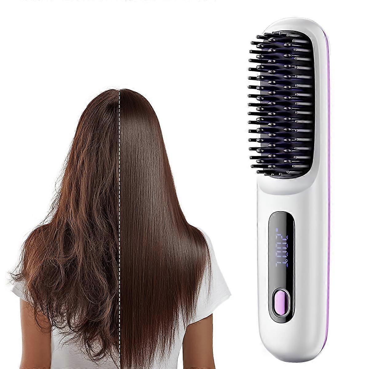 Cordless Hair Straightening Brush with LCD Display, USB Rechargeable Fast Heating Mini White Travel Styler