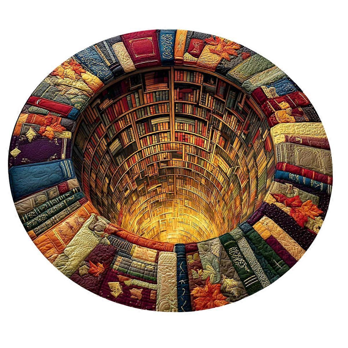 3D Library Rug with Book Tunnel Effect, Colorful Round Carpet for Reading Nook or Living Room Decor