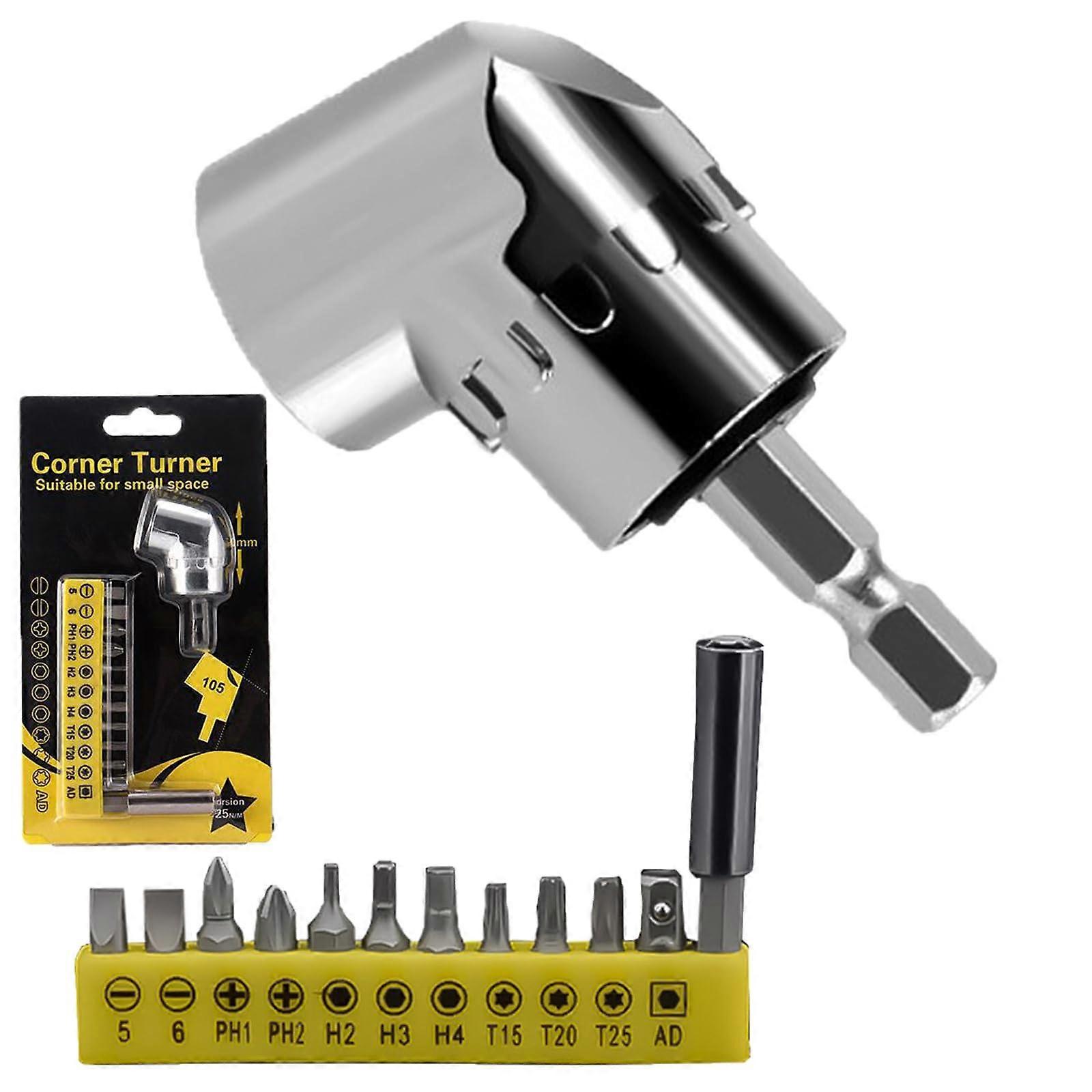 105 Degree Right Angle Drill Adapter Kit with 12Pc Bit Set for Tight Space Screwdriving