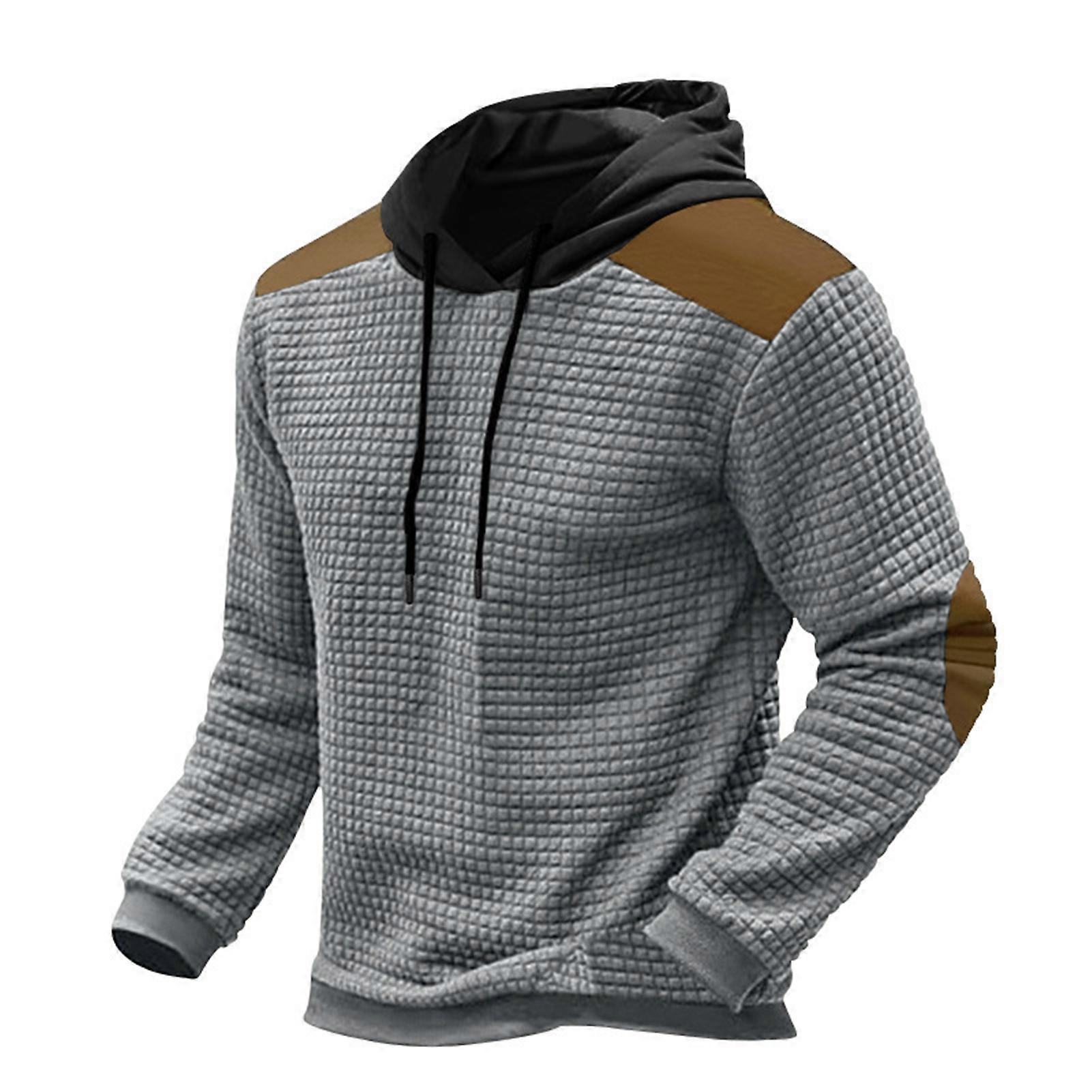 Men Hoodie Patch Design Drawstring Hooded Long Sleeve Waffle Texture Pullover Elastic Cuff Color