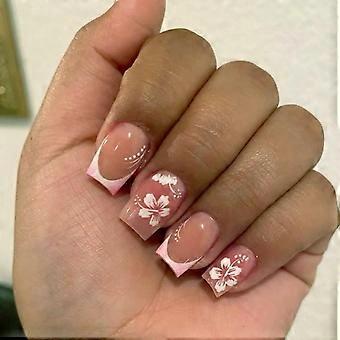 French Press On Nails Set Short Square with White Flowers Pink Glossy Acrylic Reusable 24 Pcs