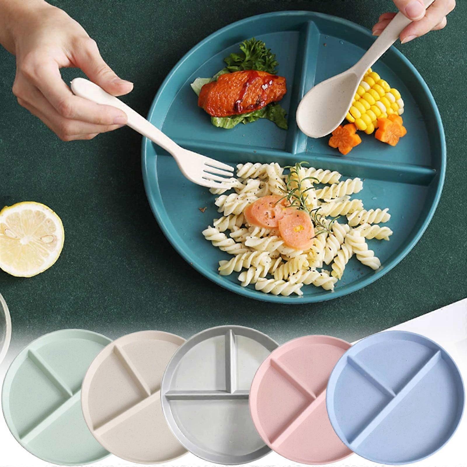 Divided Dinner Plates 5 Pc Plates Set Round Buffet Plates Stackable Three-Cell Grid Multicolor Plates