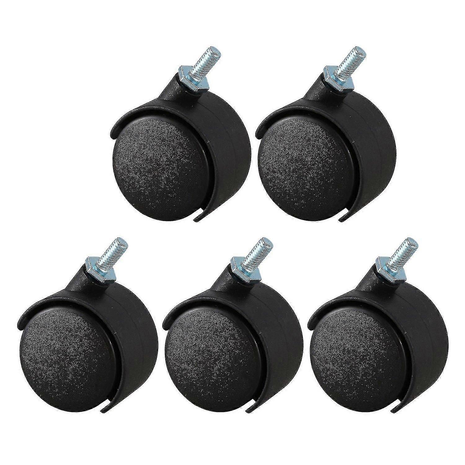 5pcs 6mm Threaded Stem 40mm Dual Wheel Rotatable Caster Black