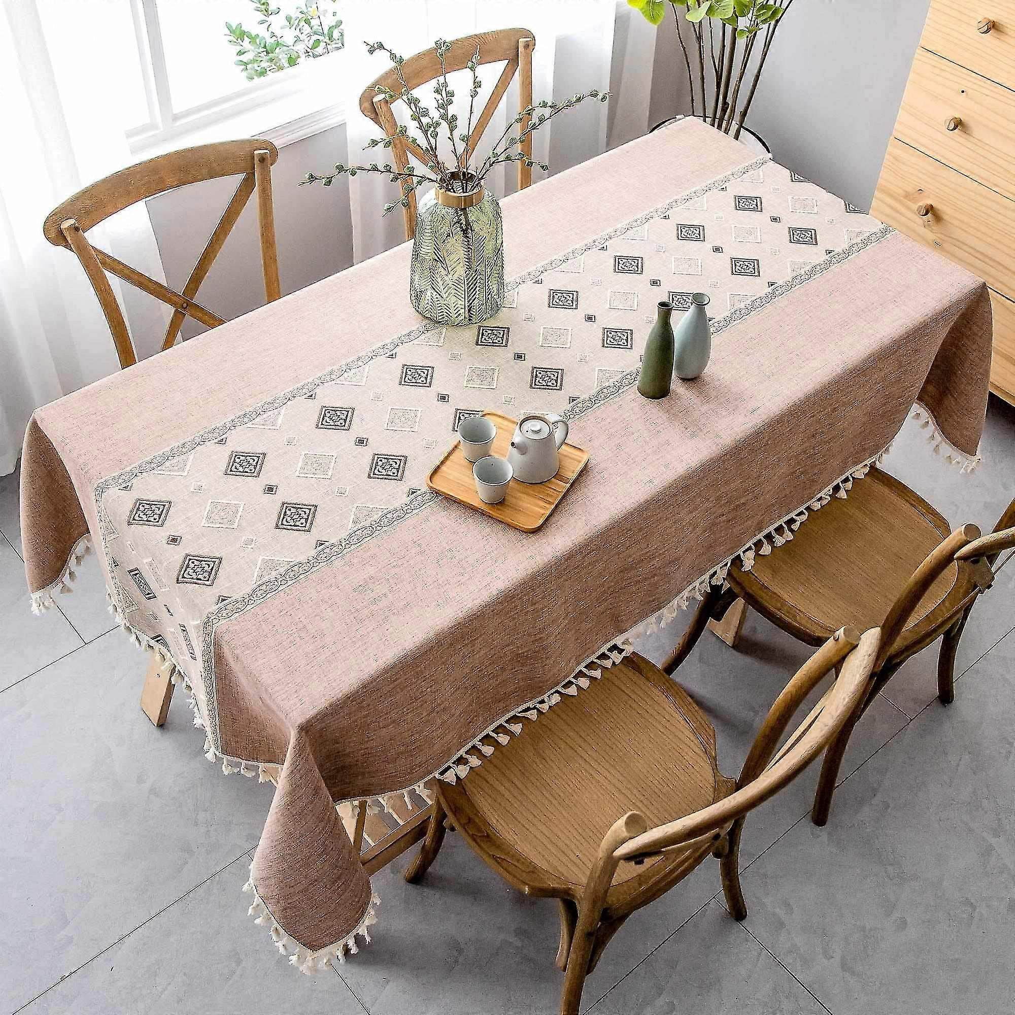 Tablecloth Rectangle Cotton Linen Table Cloth, Square Stitching Tassel Design Rectangle Tablecloths
