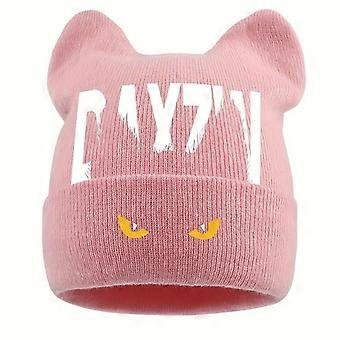 Bunny Ear Knit Beanie Hat, Cat Monster Eye Print Unisex Student Warm Brimless Windproof, Cute Gift for Outdoor Activities
