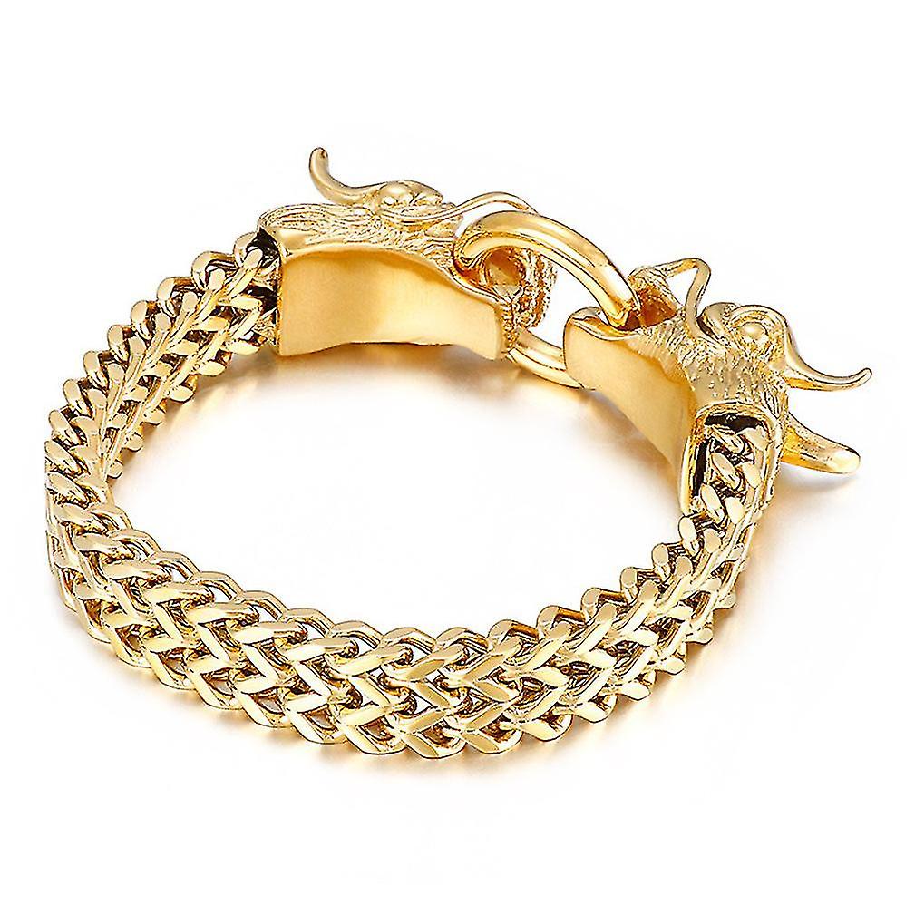 Gold Titanium Steel Bracelet With Imposing Double-dragonhead Clasp