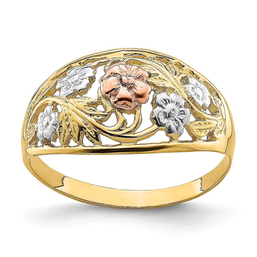 14k Gold Floral Dome Ring Cut out and Tri color Size 7 Band Style-Ring for Women - 2.0 Grams