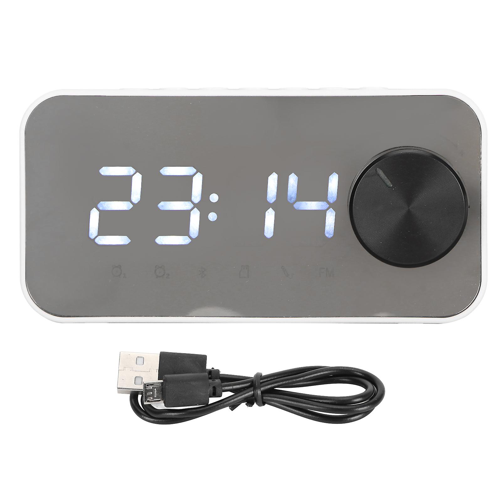 Enceinte Bluetooth sans fil multifonction, réduction du bruit, affichage de la température, diffusion vocale, radio FM, miroir, réveil, blanc