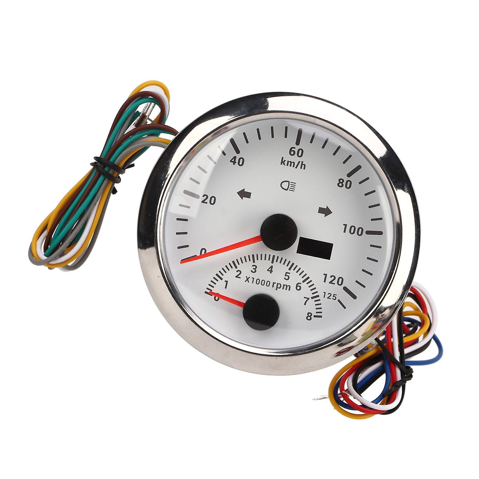 GPS Speedometer with Tachometer 8000 RPM 85mm 3 3/8 in GPS Speedometer with Indiction Light for Marine ATV Vehicle White Dial Silver Bezel