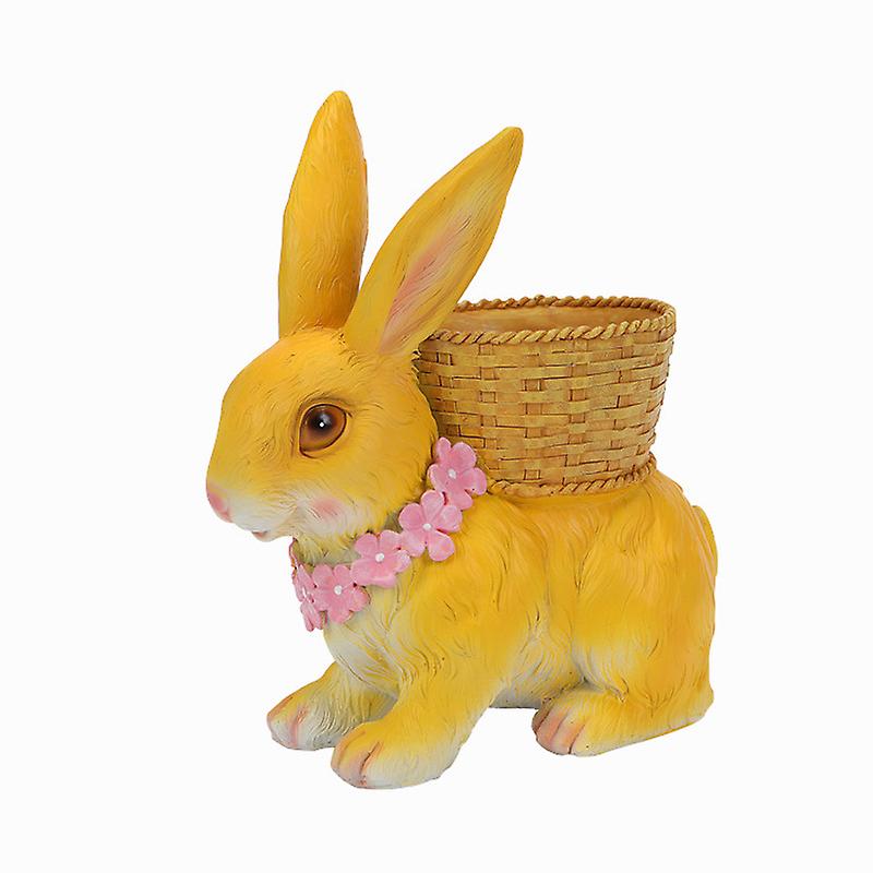 Rabbit Flowerpot Resin Process Rabbit Ornament with Back Basket Outdoor Decoration for Courtyard Garden Yellow