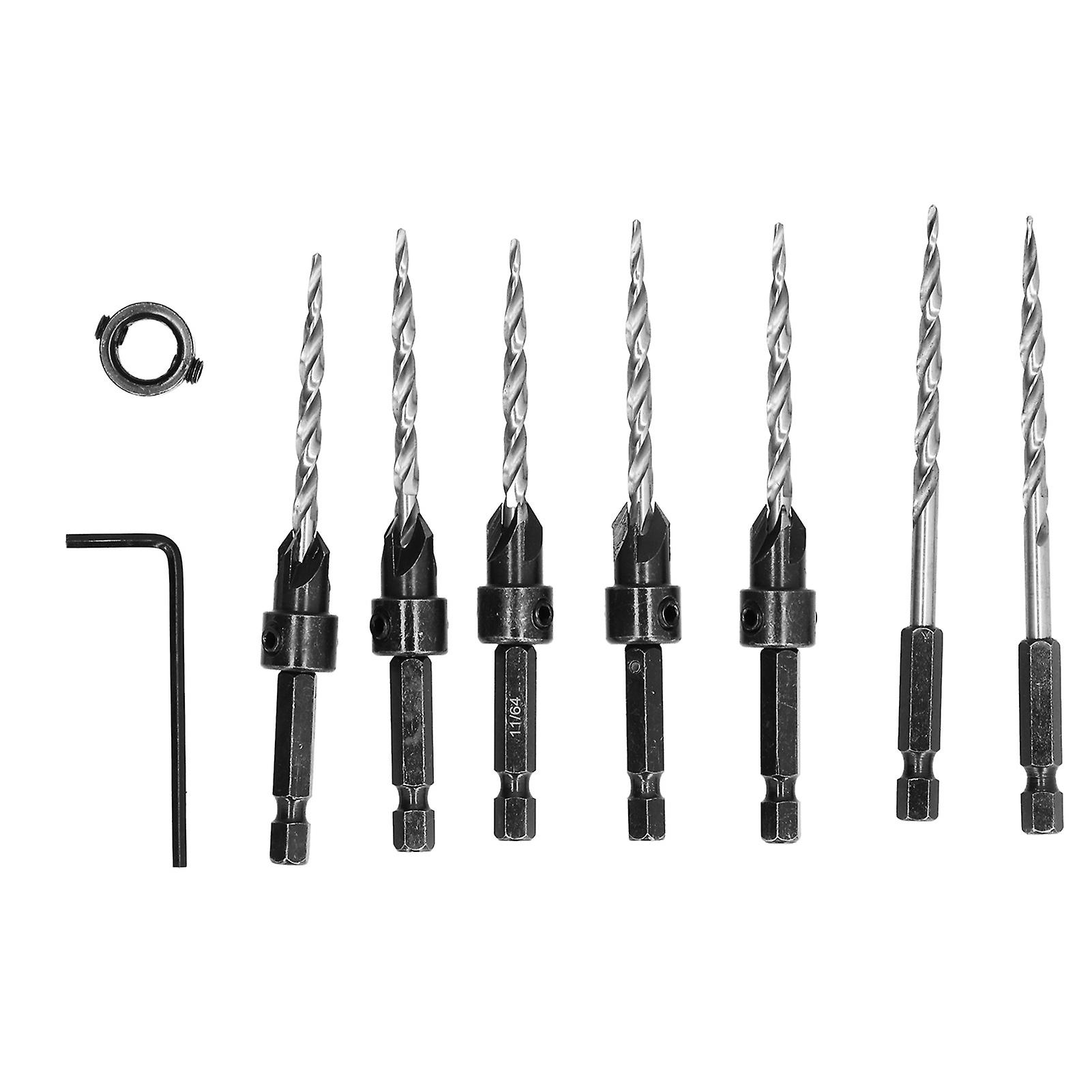 Wood Countersink Drill Bit Set Inch Tapered Adjustable 1/4 Hex Shank with Collar Wrench 11/64