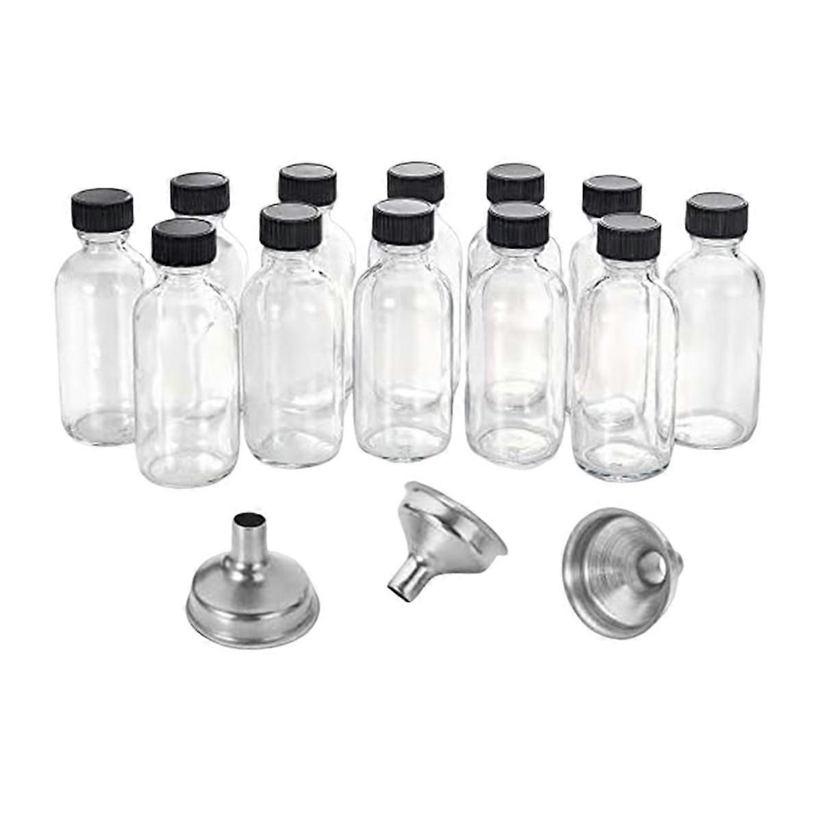 12Pc 2 Oz Small Clear Glass Bottles with Lids & 3 Funnels - 60Ml Bottles for Juice Ginger , Whiskey