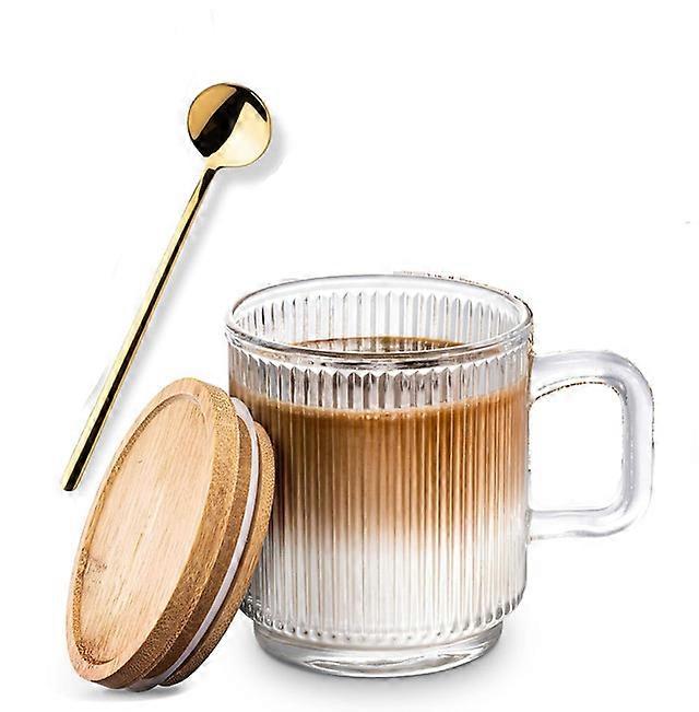 Combler 彩虹色咖啡杯 玻璃咖啡杯 玻璃冰咖啡杯 2 件套复古水杯 11 盎司罗纹玻璃器皿套装隔夜燕麦续