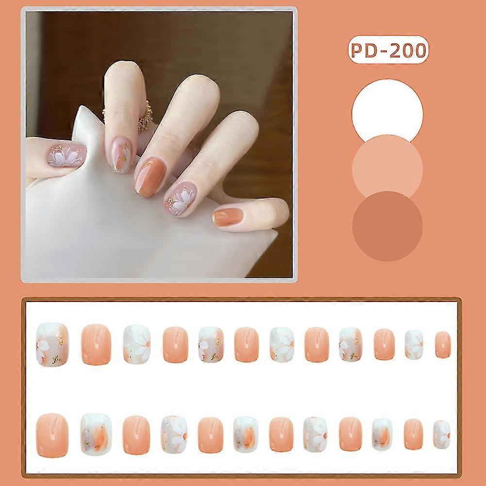 24pcs Short Press On Nails Orange Flowers Full Coverage Artificial Nails