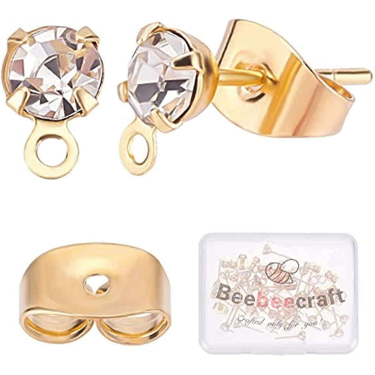 40Pcs 18K Gold Plated Earring Findings Cubic Zirconia Post Stud Earrings with Loop and 40Pcs Butterfly Earring Backs