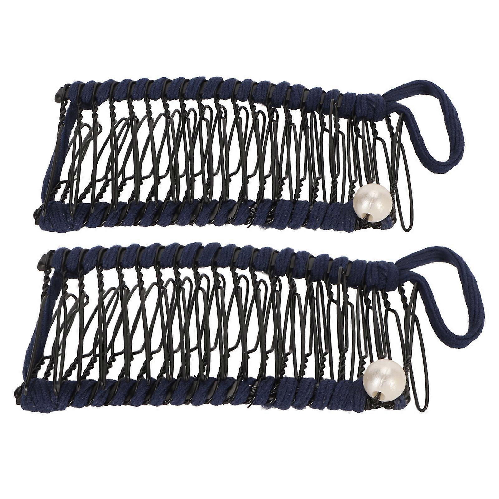 2pcsバナナヘアクリップ女性のためのファッショナブルな伸縮性のあるビンテージクリンチャーコームツール厚いウェーブのかかった巻き毛ネイビーブルー