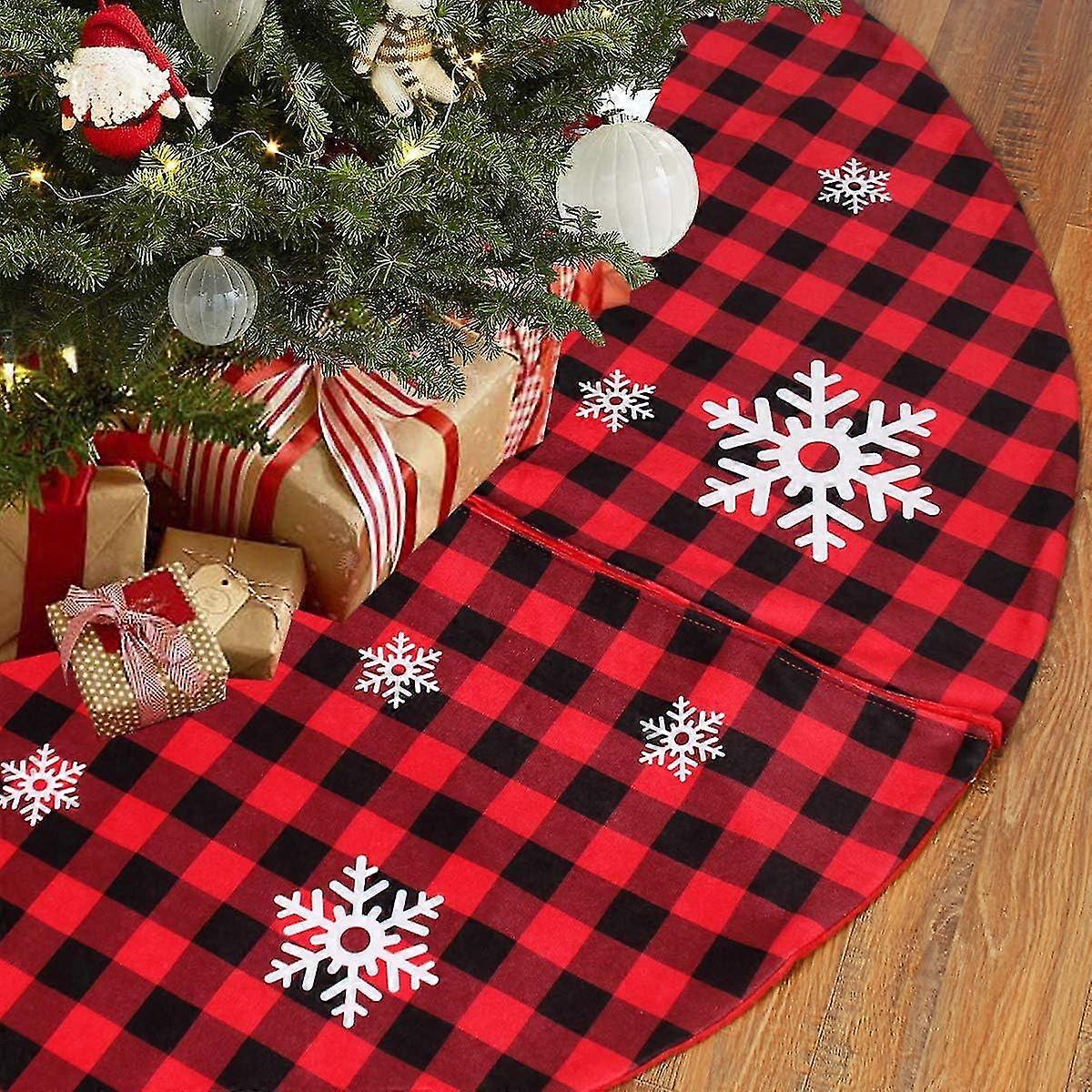 Red And Black Buffalo Plaid Christmas Tree Skirt With Snowflake Pattern, 48 Inch Double Layer Christmas Tree Skirt For Christmas Decorations, Winter N