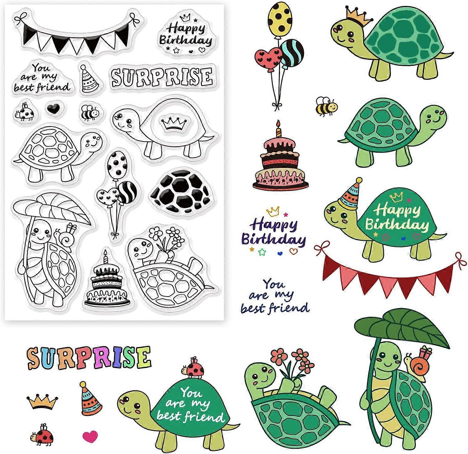 Happy Birthday Themed Clear Stamps 6.3x4.3inch Surprise Turtle Balloon Cake Bee Banner Pattern Silicone Seal Stamp