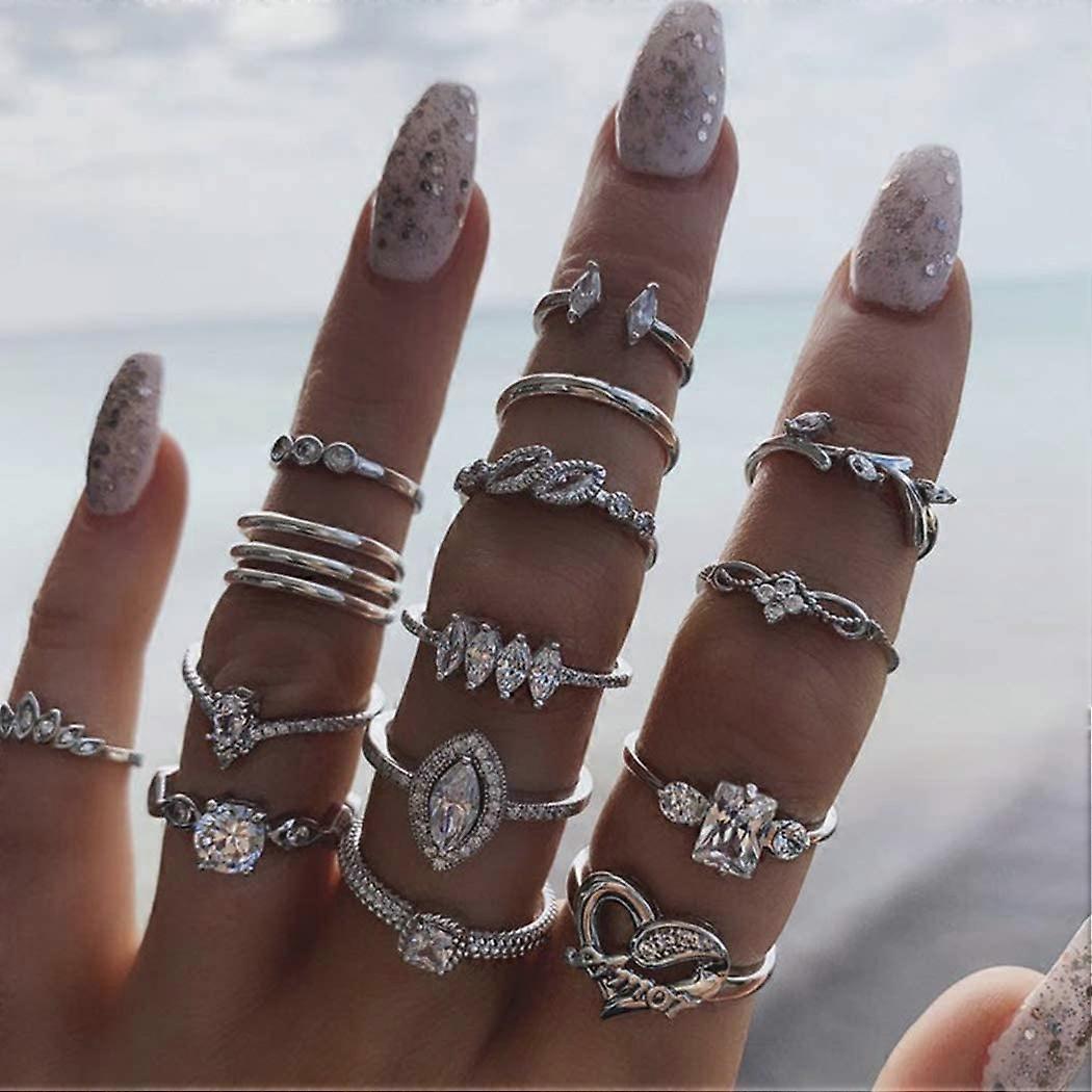 Inele Knuckle de cristal de epocă Set Inele de deget stivuibile cu inimă de argint Midi Size Joint Knuckle Ring Seturi pentru femei și fete 15PCS