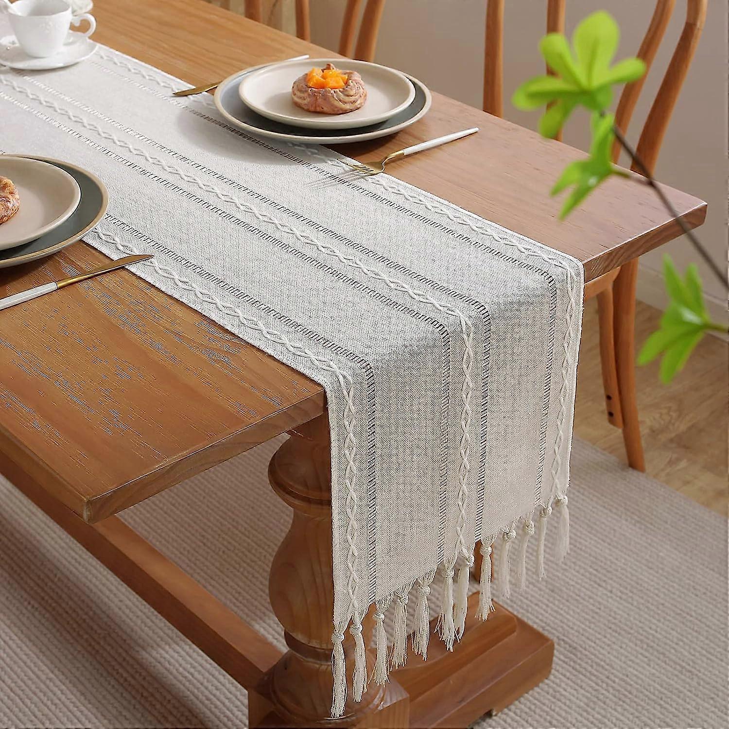 Bohemian Table Runner Farmhouse Style with Handmade Pompoms Tablecloth for Farmhouse Table Decor 200 x 32cm
