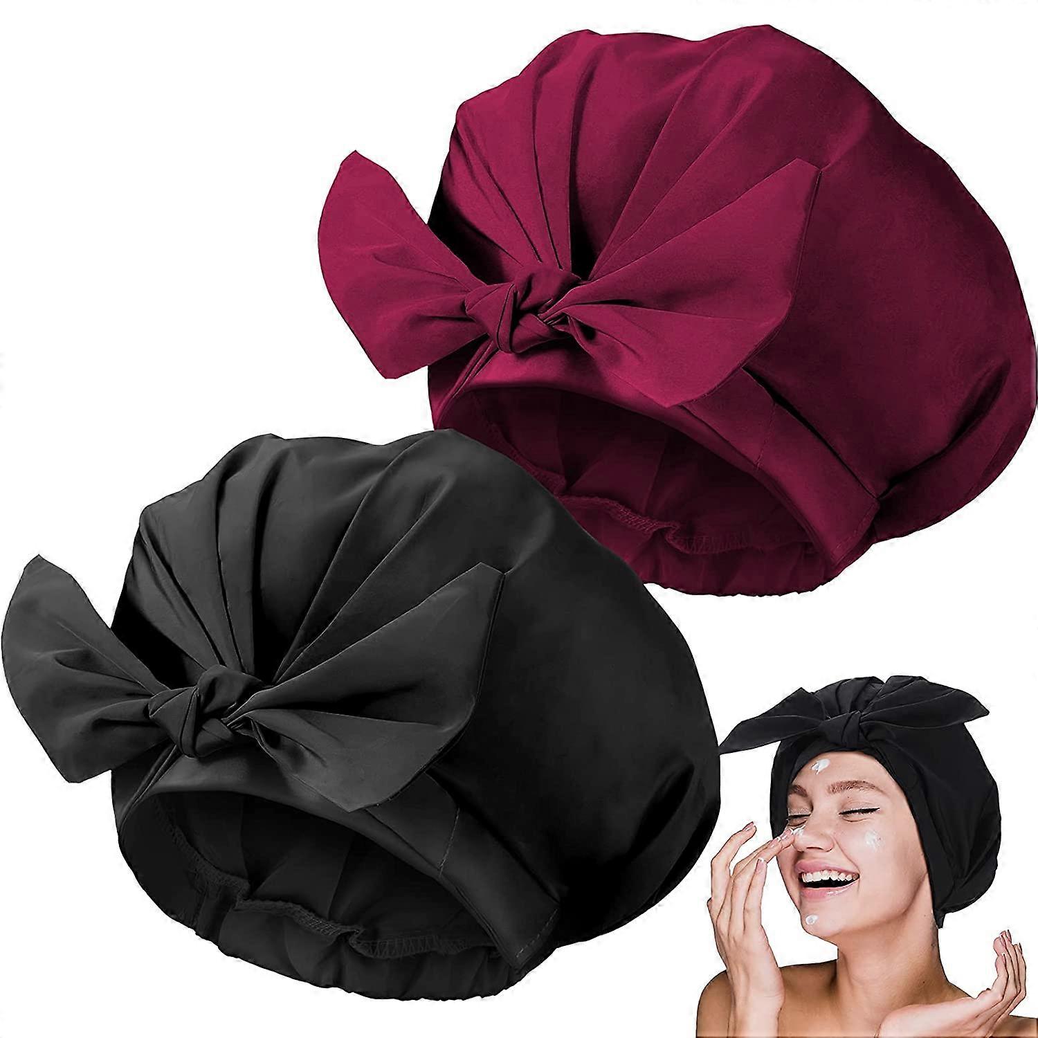 2 Pieces Shower Caps Adjustable Bow-knot (Wine Red, Black)