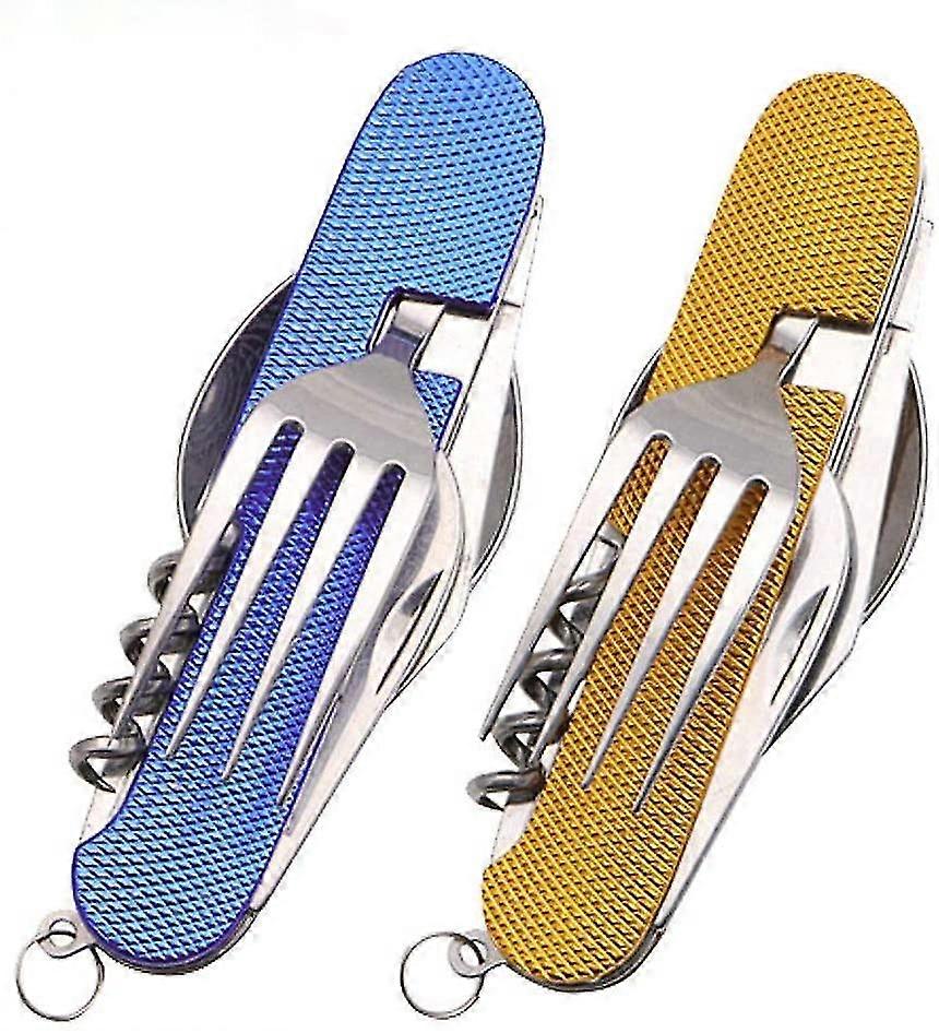 Ensemble de couverts de camping pliants en acier inoxydable Couverts portables 6 en 1 Multitool extérieur (2 pièces, bleu, jaune)