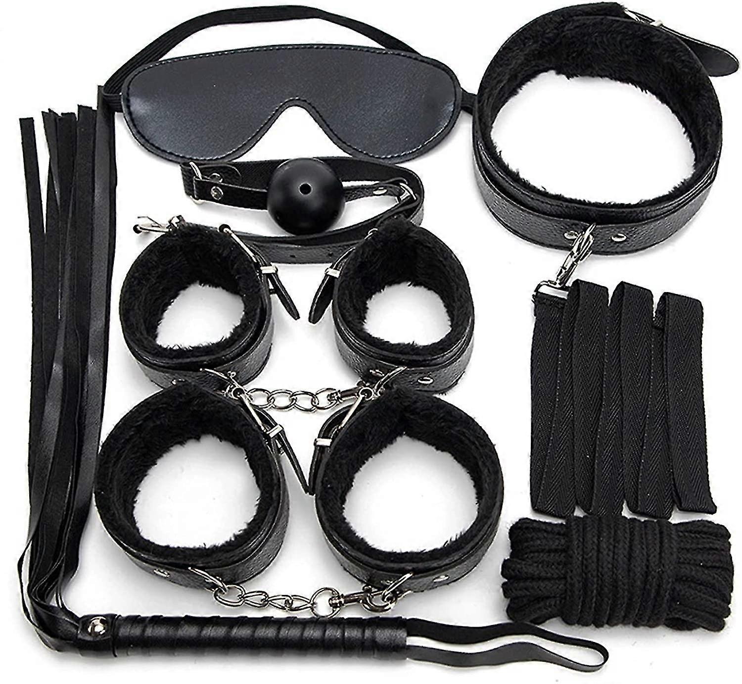 7pcs/set Leather Bodaged Kit Adlt Explay Hndcffs/whps/ball Gg/rope/collr Bdm