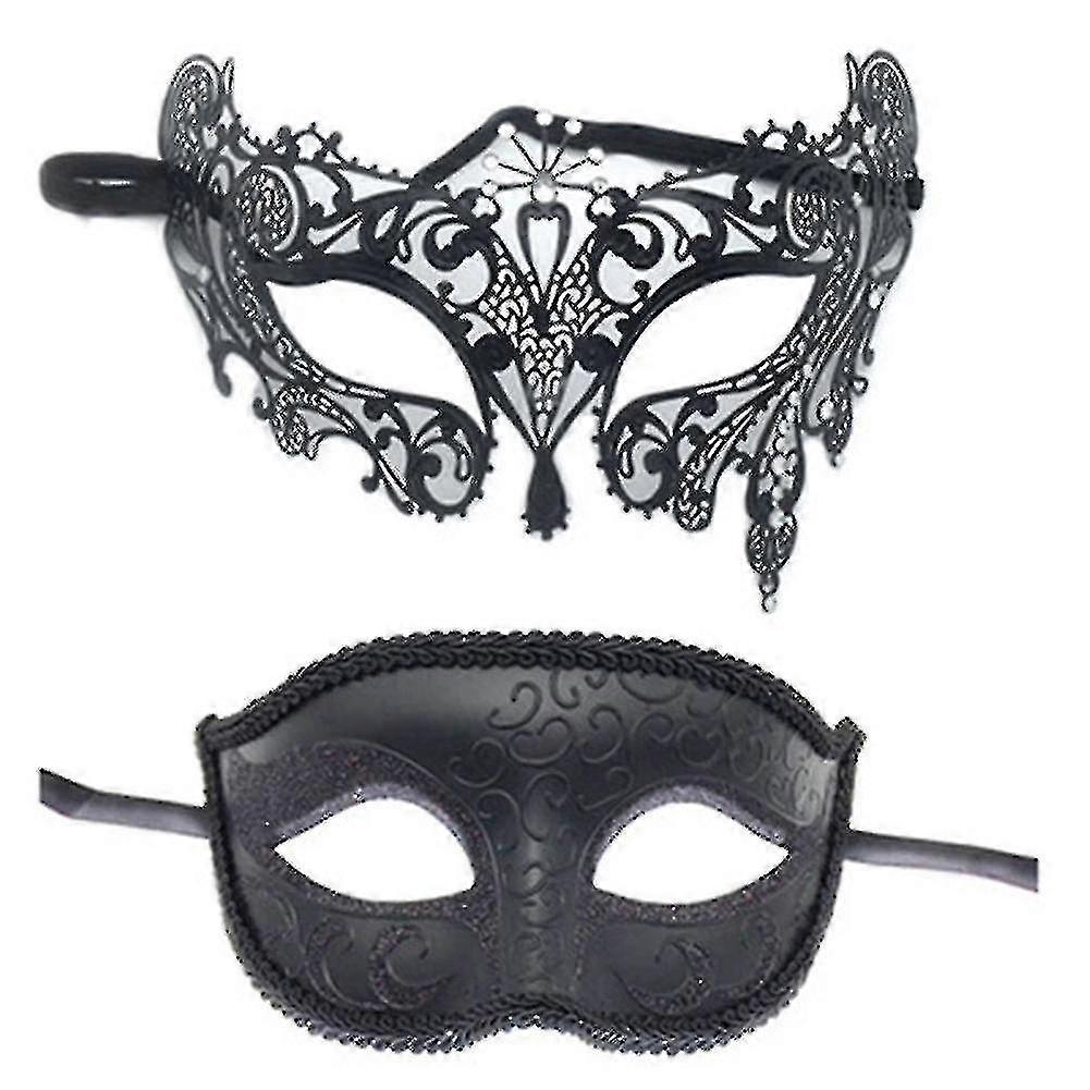 2pcs Couples Masquerade Masks Set Black Half Face Masks For Dancing Party