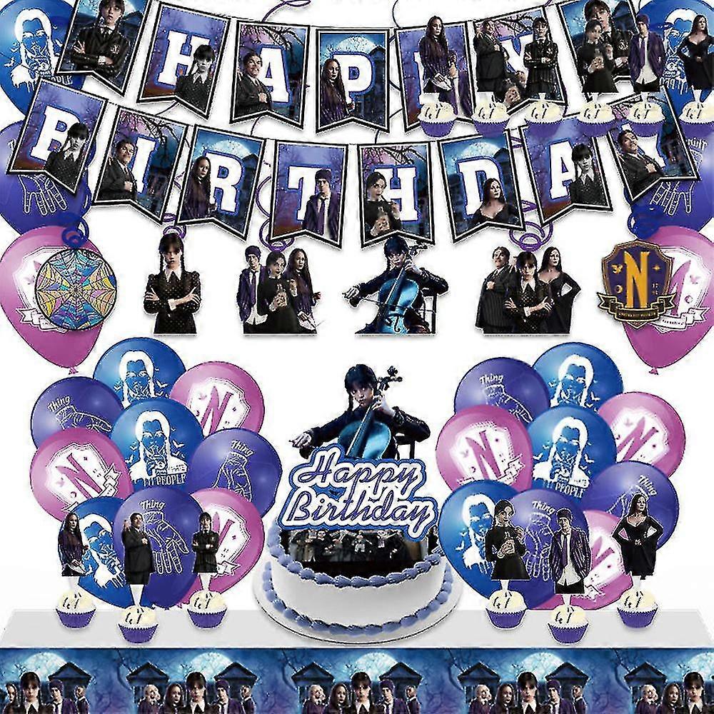 水曜日のアダムスの誕生日パーティーの装飾、テレビ番組のテーマパーティーの好意と供給、風船、バナー、ケーキトッパー、吊り下げスパイラルが含まれています