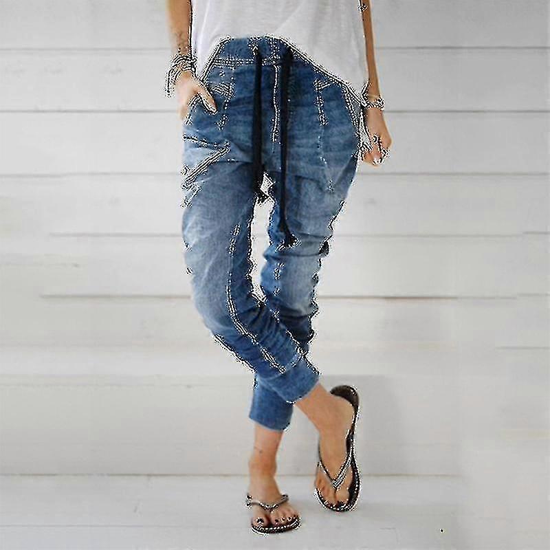 Women Elastic Waist Drop Crotch Jeans Harem Pants Drawstring Denim Long Trousers