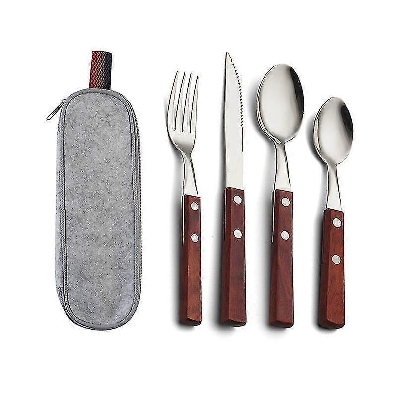 4pcs Camp Utensils Stainless Flatware Set Wooden Handle Tableware