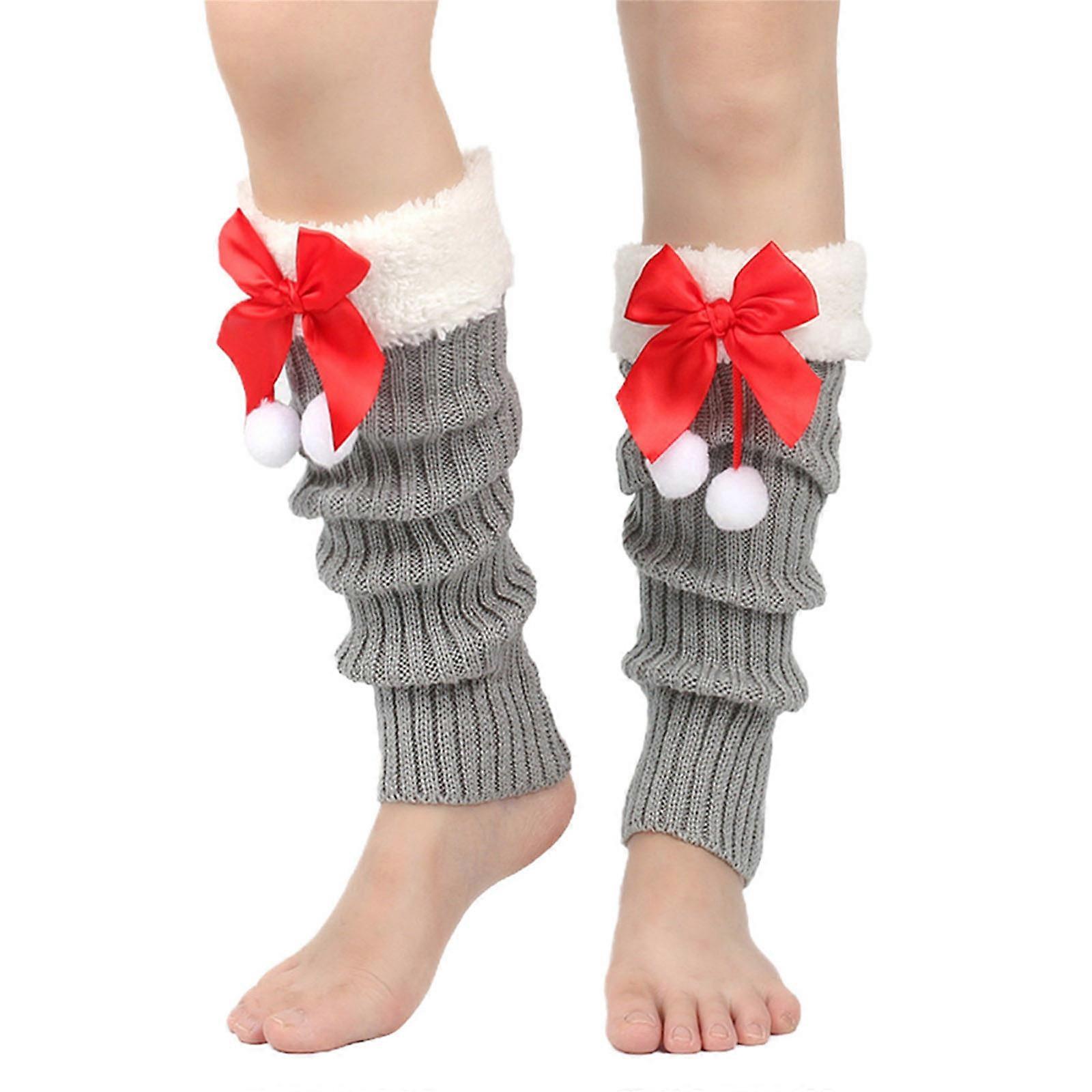 Knitted Leg Covers with Festival Plush Balls Bows for Women